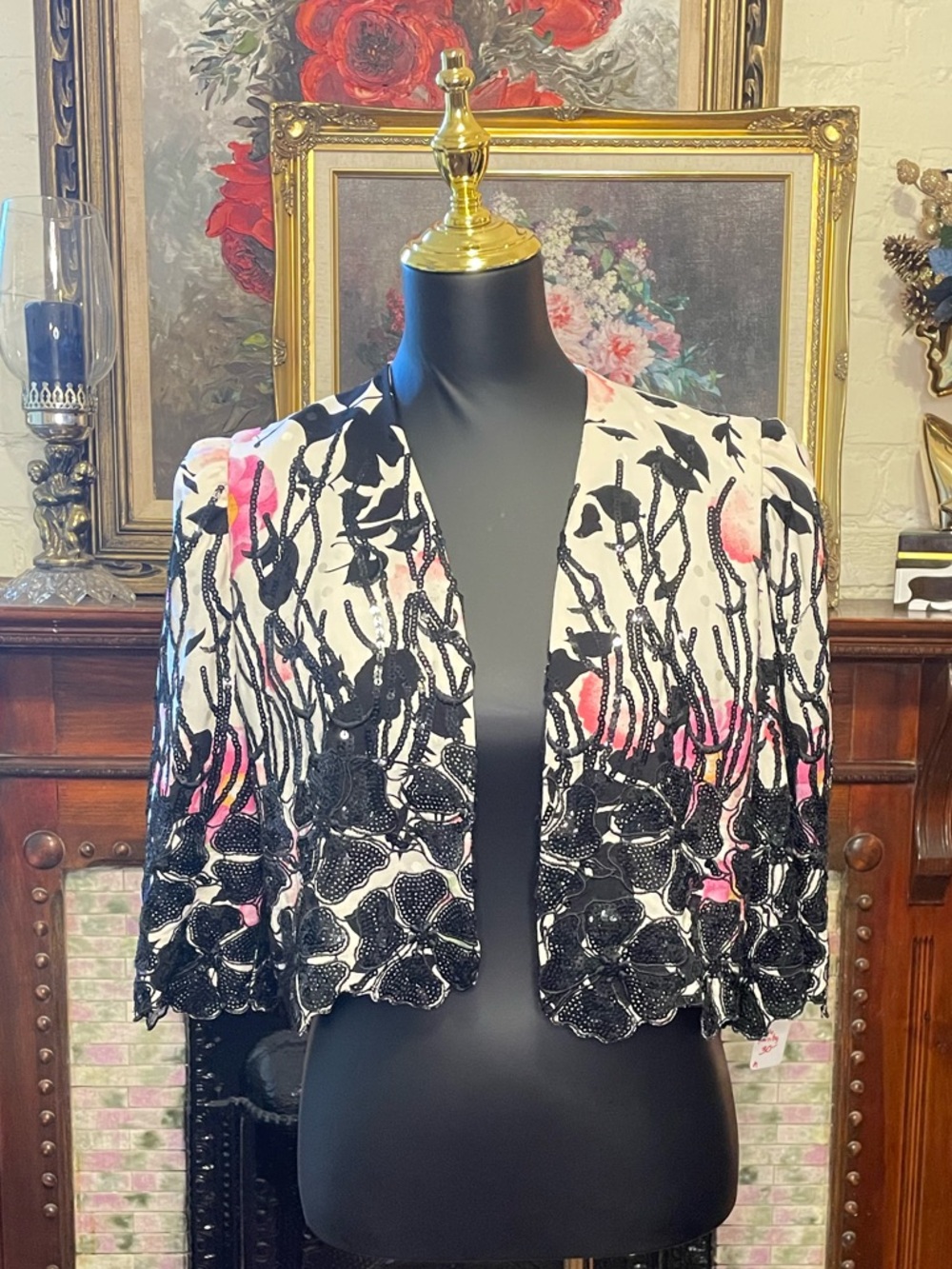 Beaded Floral Open Front Cropped Jacket - Black, White & Pink
